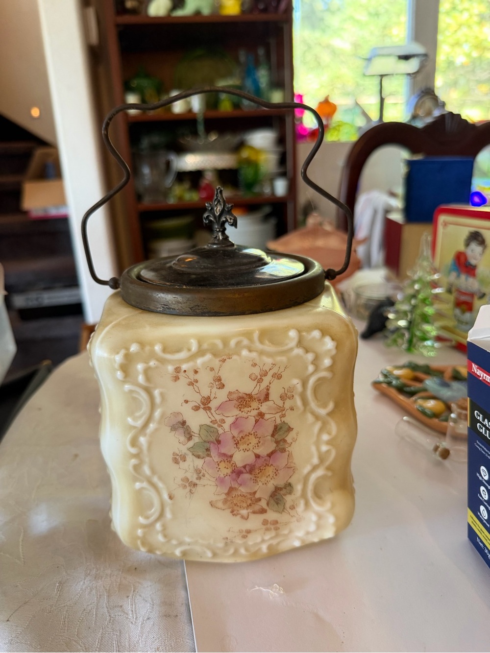 Vintage Ceramic Floral Biscuit Jar with Metal Handle - Cream and Pink